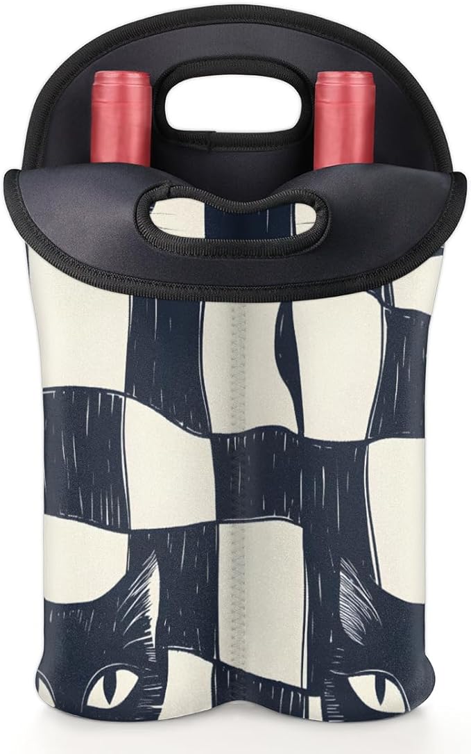 Neoprene Wine Tote, Bottle Carrier Gag Insulating Neoprene Thicker, Insulated Wine Bag for Travel Holds Two Bottles, Bottle Carrier Bags Protect the Bottles, Checkered Cat