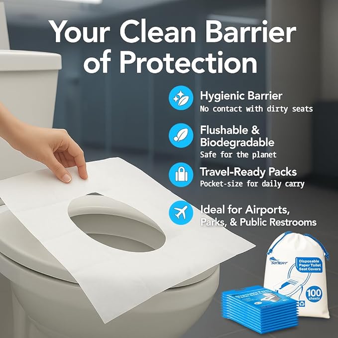 Disposable Toilet Seat Cover - 100 Count Large Flushable Toilet Seat Covers for Travel, Disposable Toilet Seat Cover for Kids, Potty Training & Public Restrooms, Travel Size Paper Seat Covers