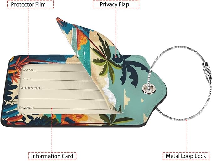 Cartoon Summer Beach 2 Pcs Luggage Tags,Privacy Cover ID Label with Stainless Steel Loop and Address Card for Travel Bag Suitcase