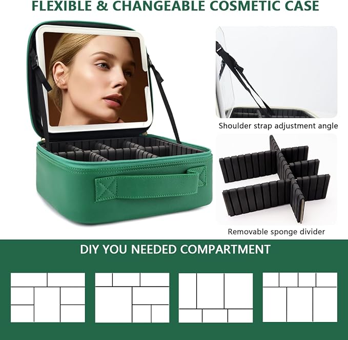 Travel Makeup Bag for Women and Makeup Artists Cosmetic Organizer Large Makeup Case,Travel Makeup Bag with Mirror 3 Color Setting,Portable Storage and Adjustable Dividers(Dark green)