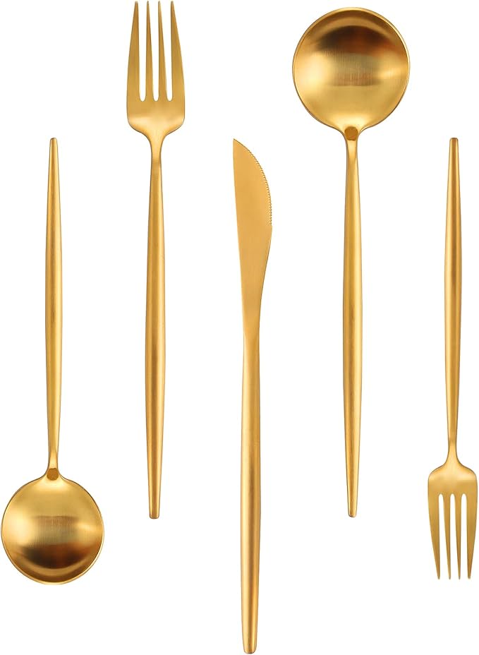 60-Piece Stainless Steel Flatware Set - Matte Gold, Dishwasher Safe, Includes Knives, Spoons, Forks, Satin Finish