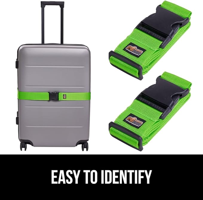 GORILLA GRIP Heavy Duty Adjustable Luggage Straps for Suitcases, Easy to Identify Travel Belt Connector Holds Suitcase Together, Extends Life of Bag, Strap Connects Two Bags, Accessories 2 Pack Green