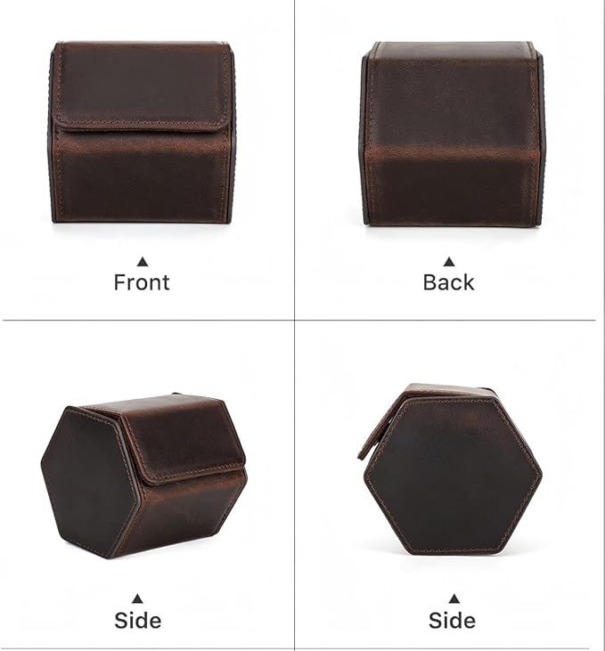 Genuine Leather Watch Roll Travel Case, Vintage Full Grain Leather Hexagon Watches Storage Organizer with Display Removable Pillows & Solid Dividers for Home Storage &Display (1 Slot)