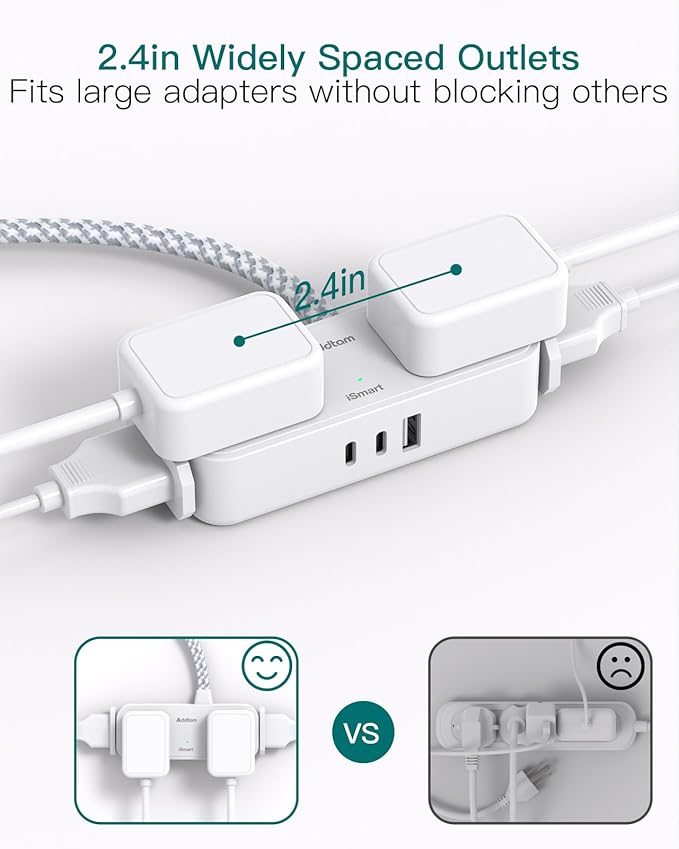 Travel Essentials, 6 Ft Power Strip with 4 Outlets and 3 USB Ports(2 USB C), Addtam Flat Plug Small Extension Cord,Non Surge Protector for Cruise Ship, Travel, Dorm Room Essentials, ETL Listed, White