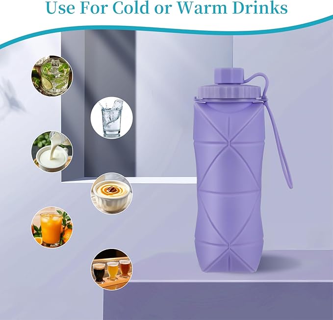 Silicone Collapsible Water Bottles,Lightweight Reusable Leakproof For Traveling Camping Hiking Cycling Sports Outdoor,Foldable Portable Travel Water Bottle 600ML Purple 1Pack.