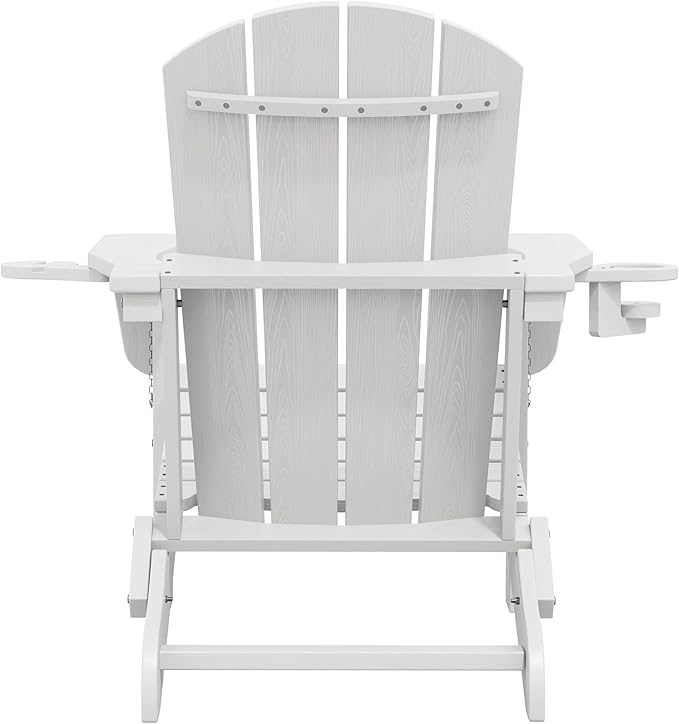 SERWALL Folding Adirondack Chair, Dual Cup Holders & All-Weather HDPE, Wood-Like Patio Chair for Backyard, Camping，Pool & Fire Pit- White