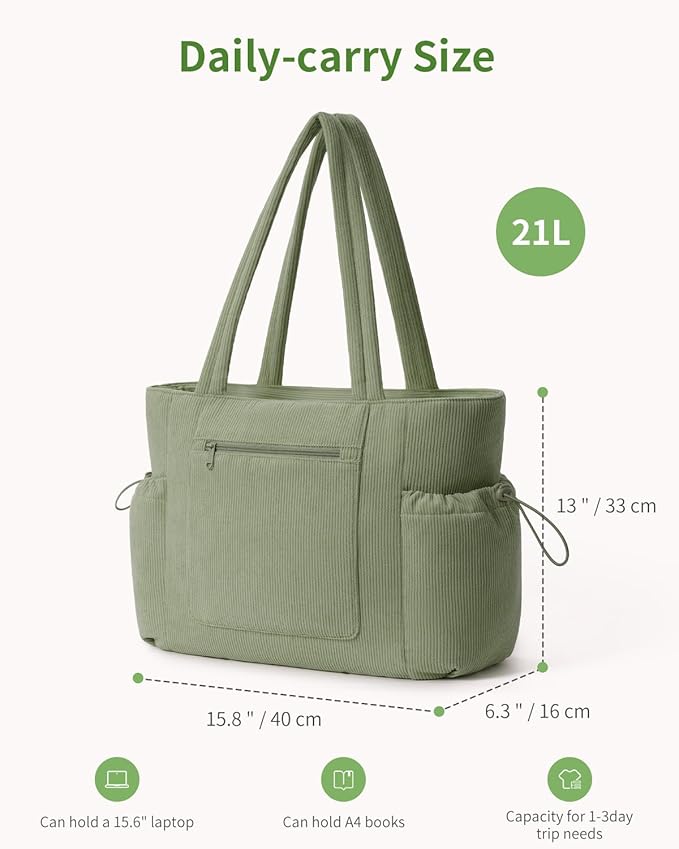 ECOHUB Tote Bag for Women, Work Tote Bags with Laptop Compartment, Large Corduroy Tote Bag with Stanley Cup Holder
