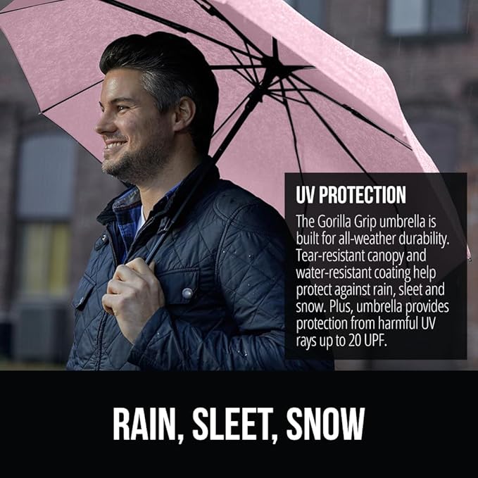 GORILLA GRIP Strong Stick Umbrella for Rain, Compact Travel One-Click Automatic Open Close, Lightweight, Portable, US Designed Reinforced Fiberglass Ribs, Wind Resistant, Easy Collapse, Pink