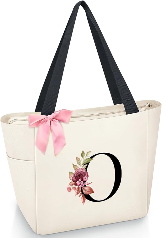 Vavabox Tote Bag, A-Z Initial Monogrammed Waterproof Tote Bag, Bridesmaid Gifts for Women, Black and Pink