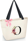 Vavabox Tote Bag, A-Z Initial Monogrammed Waterproof Tote Bag, Bridesmaid Gifts for Women, Black and Pink