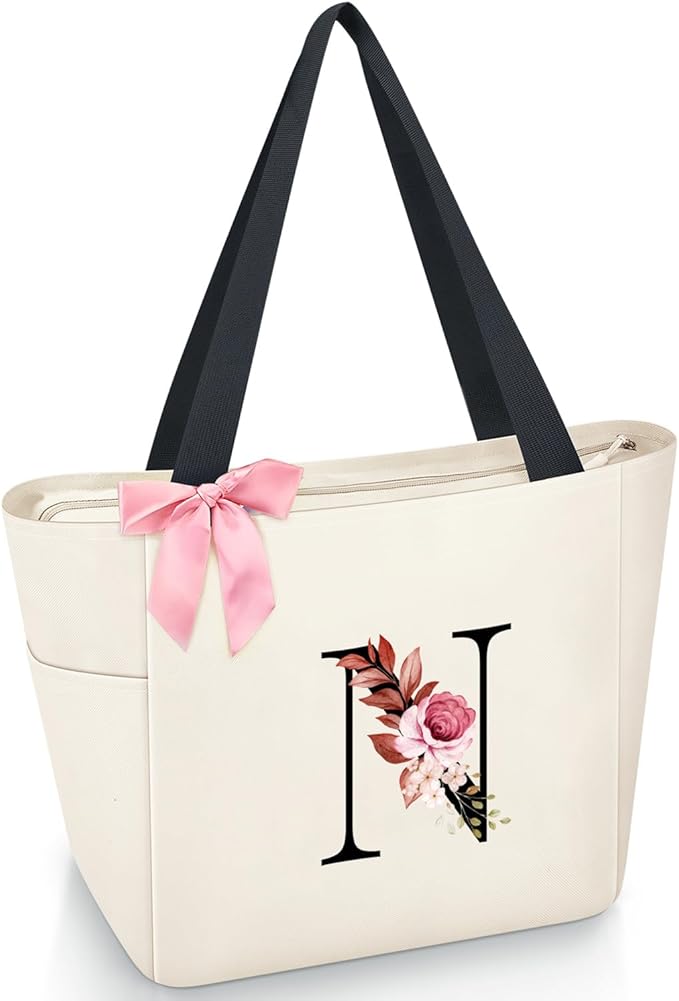 Vavabox Tote Bag, A-Z Initial Monogrammed Waterproof Tote Bag, Bridesmaid Gifts for Women, Black and Pink