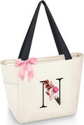 Vavabox Tote Bag, A-Z Initial Monogrammed Waterproof Tote Bag, Bridesmaid Gifts for Women, Black and Pink