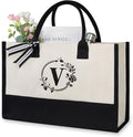 TOPDesign Personalized Initial Jute/Canvas Beach Bag, Monogrammed Gift Tote Bag for Women