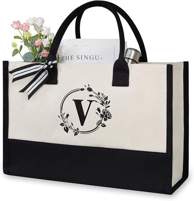TOPDesign Personalized Initial Jute/Canvas Beach Bag, Monogrammed Gift Tote Bag for Women