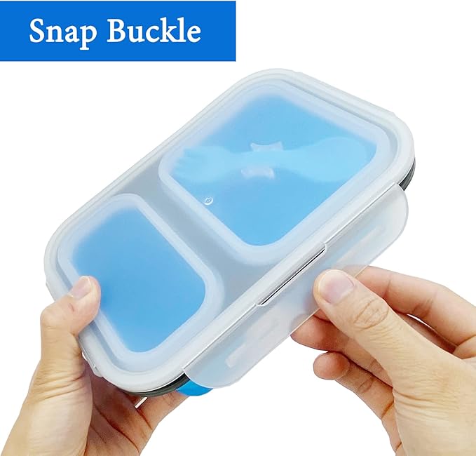2 Compartments Collapsible Airtight Bento Box with Ideal Portion 600ml & 450ml and 2 in 1 Spoon & Fork, Food Grade Silicone Lunch Container for Adults Work Travel, Microwave Safe