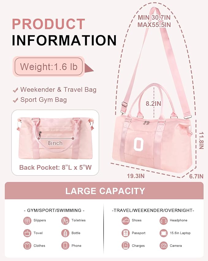 Initial Travel Duffel Bag Sports Gym Bag for Girls Teen Birthday Gifts,Pink Personalized Weekender Bag Carry On Tote Bags for Women Men,Waterproof Overnight Luggage Bag with Trolley Sleeve(Letter O)