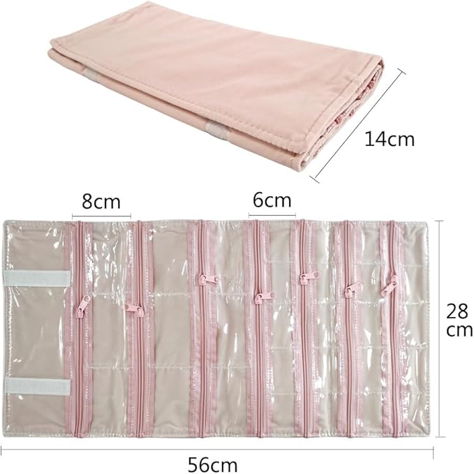 Travel Jewelry Roll Bag Portable Organizer Pouch With Grids&PVC Cover Storage Bags for Necklace, Bracelet, Bracelet,Ring, Badge, Pendant
