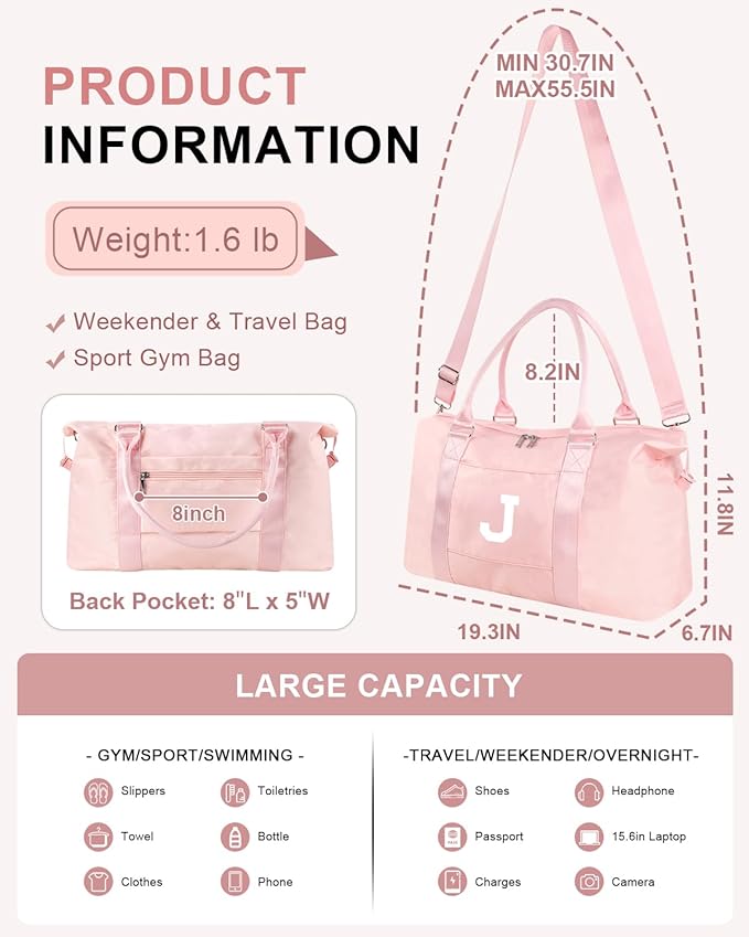 Initial Travel Duffel Bag Sports Gym Bag for Girls Teen Birthday Gifts,Pink Personalized Weekender Bag Carry On Tote Bags for Women Men,Waterproof Overnight Luggage Bag with Trolley Sleeve(Letter J)