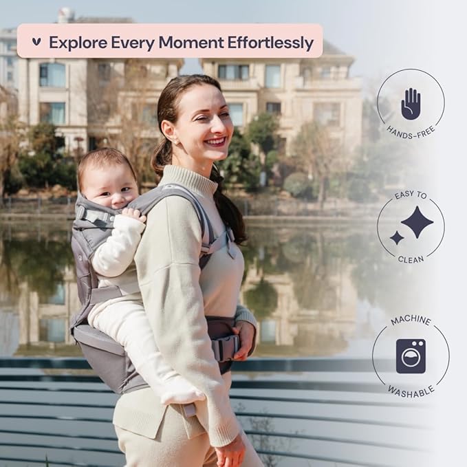 BabbleRoo Grow Carrier – 6-in-1 Baby Carrier with Hip Seat, Ergonomic, Cozy & Adjustable Toddler Carrier 7-50 lbs with Hip & Lumbar Support, Hood for Sun Protection, Newborn to Toddler, Gray
