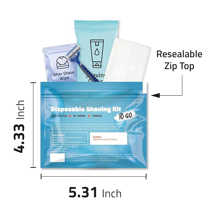 Shaving Kit with Razor, Shaving Cream, Washcloth & Aftershave Wipe – Men’s Travel Shave Set for Hotels, Shelters & Outreach – Disposable Grooming Pack (Blue) (50)