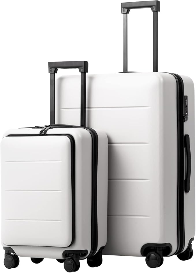 Coolife Luggage Suitcase Piece Set Carry On ABS+PC Spinner with pocket Compartment(White, 2-piece Set)
