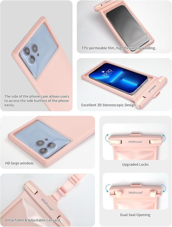 wellhouse Waterproof Phone Pouch, Waterproof Phone Case for iPhone 16 15 14 13 12 Pro Max XS Samsung, IPX8 3D Cellphone Dry Bag Beach Essentials (1 Pack - Pink8.0, 8 inch)