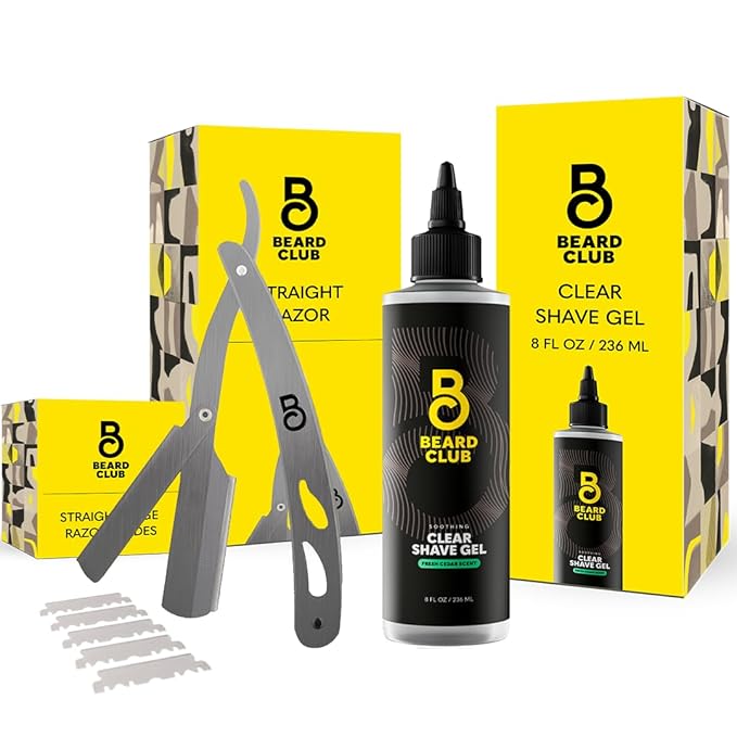 Beard Club Straight Razor for Men & Premium Shaving Gel for Men – Hydrating Mens Shave Cream for Sensitive Skin & Navajas Para Barbero - Barber Straight Edge Razor Kit, 5 Blades, Cedar Scent Gift Kit