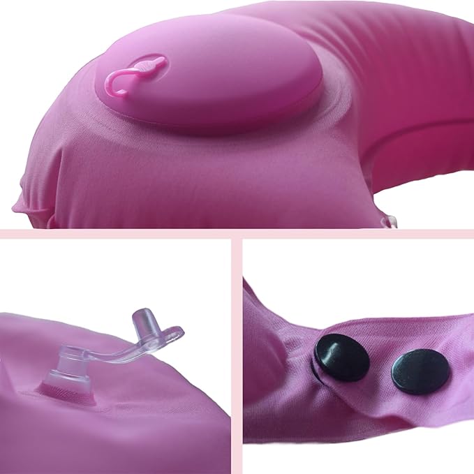 Inflatable Travel Pillow for Sleeping Airplane - Inflatable Neck Pillow for Traveling on Plane, Press to Inflate,Portable Travel Neck Pillow with Carry Bag （Pink）