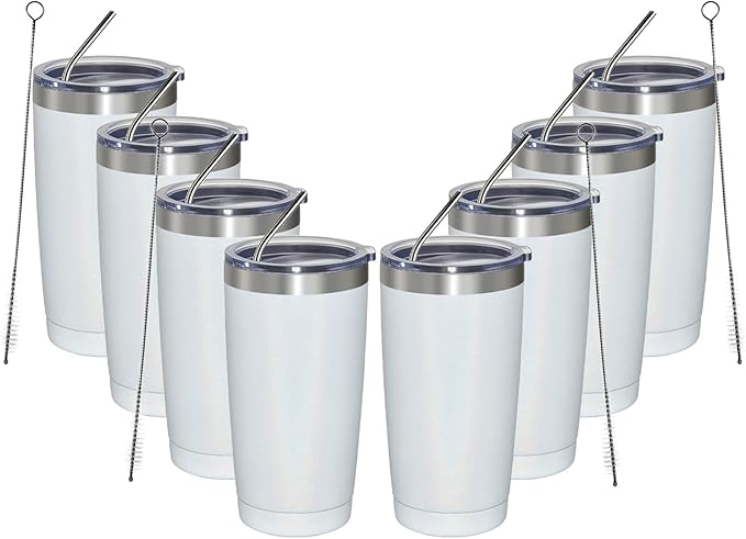 MEWAY 20oz Tumbler 8 Pack Double Wall Vacuum Insulated Travel Glitter Mug Bulk, Stainless Steel Tumblers with Lid and Straw, Powder Coated Coffee Cups for Woman(Rainbow White,Set of 8)