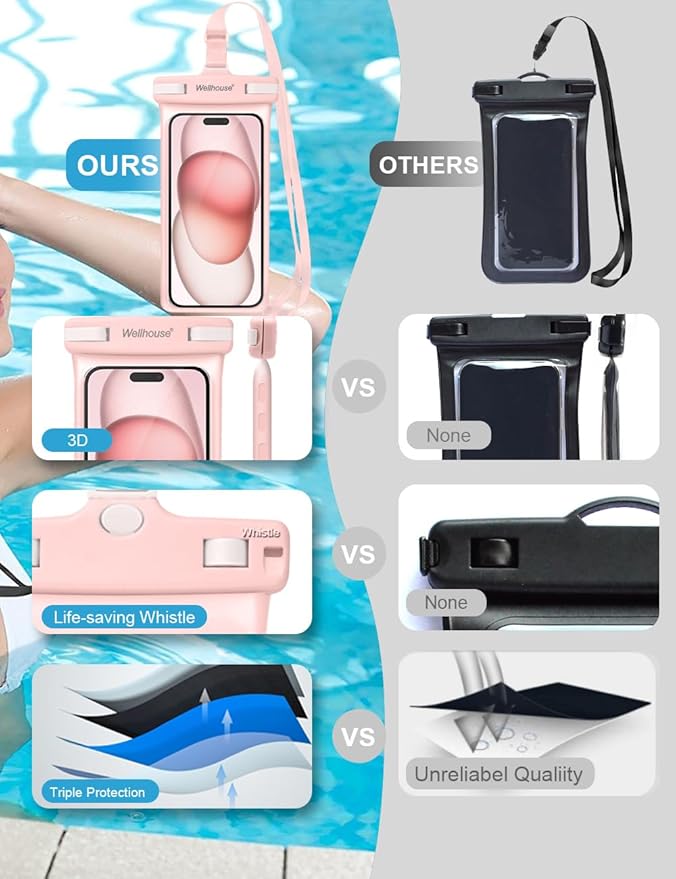 wellhouse Waterproof Phone Pouch, Waterproof Phone Case for iPhone 16 15 14 13 12 Pro Max XS Samsung, IPX8 3D Cellphone Dry Bag Beach Essentials (2 Pack -Pink & White7.0, 7 inch)