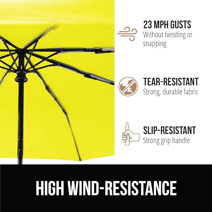 GORILLA GRIP Strong Stick Umbrella for Rain, Compact Travel One-Click Automatic Open Close, Lightweight, Portable, US Designed Reinforced Fiberglass Ribs, Wind Resistant, Easy Collapse, Yellow