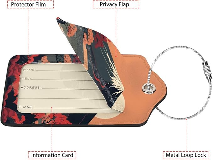 Mount Fuji 2-Pcs Premium Leather Tags with Privacy Covers,Luggage Tag Stainless Steel Loops Ideal for Suitcases, Travel Bags, Backpacks