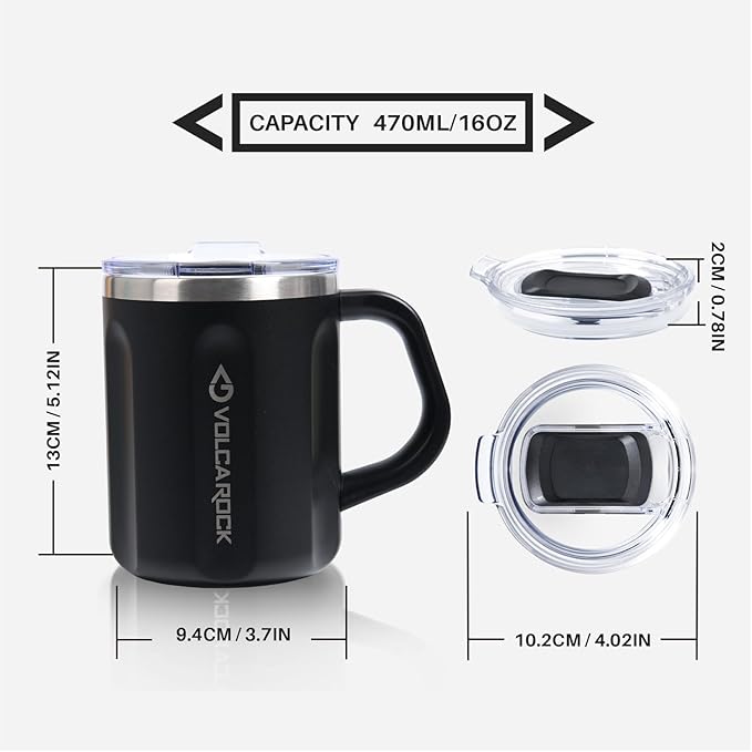 Stainless Steel Coffee Mug with Handle, 16 oz Double Wall Vacuum Insulated Travel Mug Tumbler With Slider Lid, Great Tea Mug for Men and Women (Black)