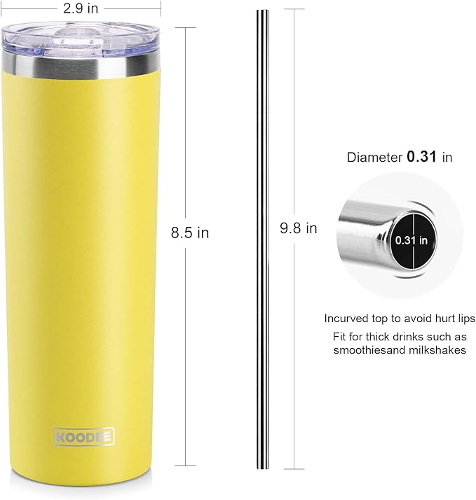 koodee Insulated Coffee Tumbler with Lid and Straw-4 Pack 20 oz Skinny Tumblers, Double Wall Stainless Steel Cup for Women (Yellow/Purple/Wine Red/Teal)