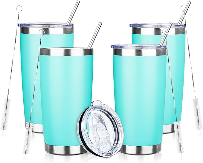 20oz Tumbler with Straw and Brush, Stainless Steel Vacuum Insulated tumbler, Double Wall Insulated Coffee Tumbler for Outdoor, Home, Travel,Office (Light green，4pcs)