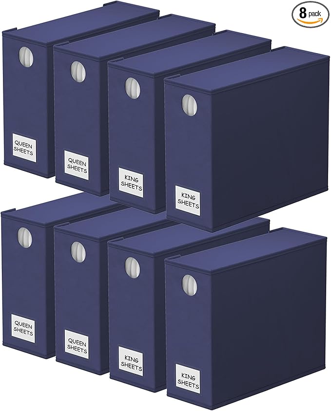 SpaceAid 8 Pack Bed Sheet Organizers and Storage, Foldable Sheet Organizer for Linen Closet, Sheets Set Folder Keeper with Window XL (Queen & King Size) Bedding Container (Navy Blue, 8 Pack)