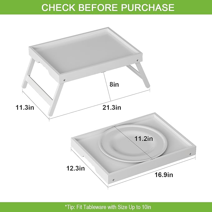 Bed Tray Table with Folding Legs,Bamboo Breakfast in Bed for TV Table,Tray,Eating,Snack Tray,Laptop Computer (White, Large)