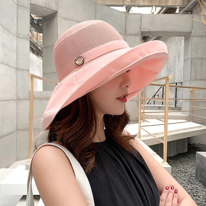 Women Wide Brim Sun Hats Metal Wired Edge Summer UV Protection Beach Fishing Hat for Hiking Garden Travel Chin Strap
