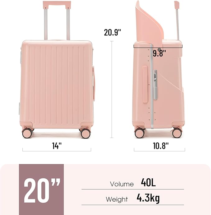 20 Inch Carry On TSA Lock Luggage for Kids& Adult,Lockable Spinner Wheels Free Luggage Cover and Safety Seatbelt Travel Suitcase (Carry-On TSA Luggage with Child Seat Pink)