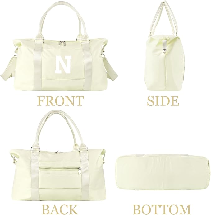 Initial Travel Duffel Bag Sports Gym Bag for Kids Teen Birthday Gifts,Beige Personalized Weekender Bag Carry On Dance Bags for Women Men,Waterproof Monogram Overnight Bag with Trolley Sleeve(Letter N)