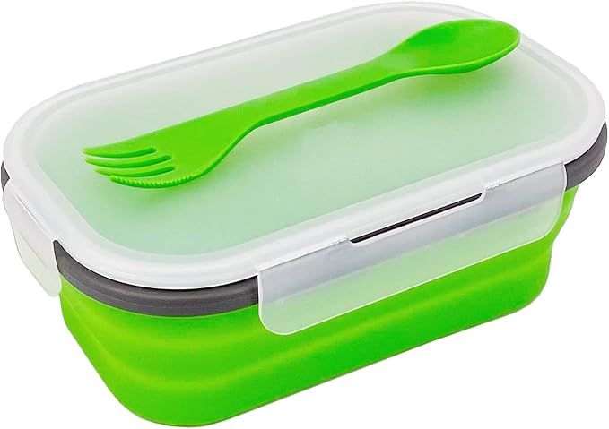 Green Food Grade Silicone Lunch Container Bento Box, Collapsible Food Storage Containers with Airtight Lids and 2in1 Fork, Reusable Food Container for Travel Camping, 1000ml Microwave Container