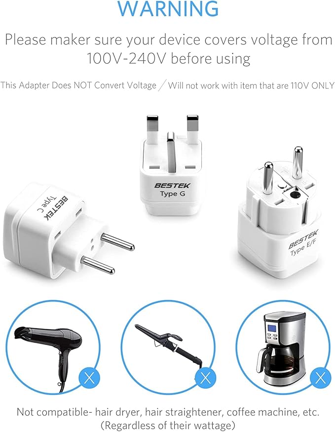 BESTEK Worldwide Travel Plug Adapter Set, Grounded Universal Power Plug Adapter for USA to US, EU, AU, UK, GE, HK and More- 8 Packs
