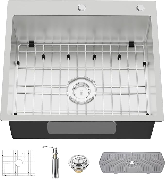 Stainless Steel Drop In Kitchen And Bar Sink - 25x22 Inch Single Bowl Topmount Bar Sink Come With SS Grid,Silicon Mat,Drain Strainer Set