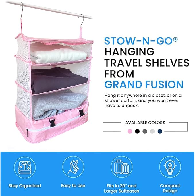 Grand Fusion Stow-N-Go Travel Luggage Organizer – Portable Hanging Travel Shelves, Carry-On Closet Organizer, Hanging Packing Cubes, Collapsible Carry-On Organizer for Cruises & Hotels. Pink - XL