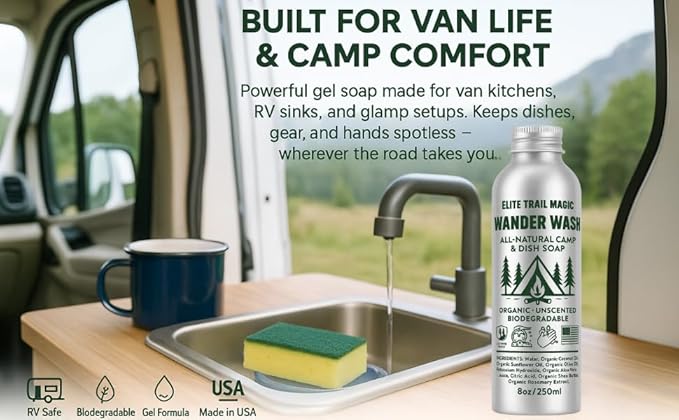 Wander Wash -Biodegradable Camp & Dish Soap Unscented | Made in USA | Organic All-Purpose Camping Gel Soap for Dishes, Hands & Gear – Eco-Friendly Reusable Aluminum Bottle | (8oz) (8floz/250ml)