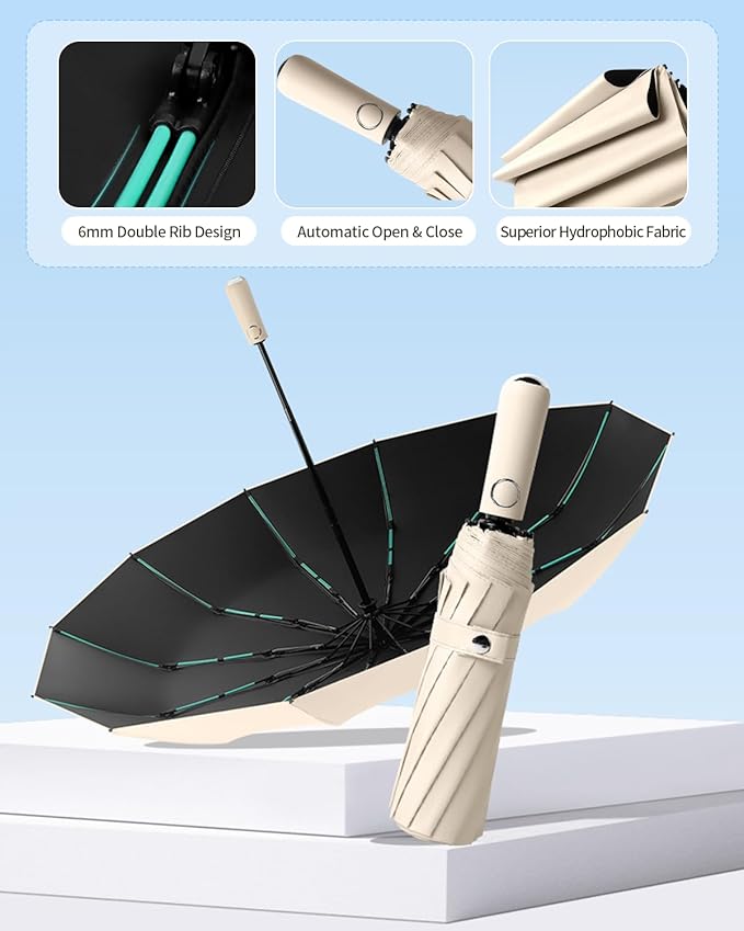 Large Double-Ribs Umbrella Automatic Folding Umbrella for Women Men, Travel, UPF 50+ UV Protection