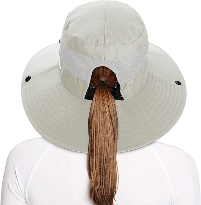 Rosoz Ponytail Sun Bucket Hats for Women UV Protection Foldable Mesh Wide Brim Hiking Beach Fishing Summer Safari