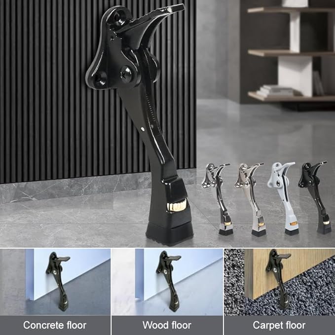 Black Kick Down Door Stoppers for Bottom of Door, Heavy Duty Kickdown Door Stop, Adjustable Door Stoppers, One Touch Kick Down Stopper (4 Inch x 1 Pack)