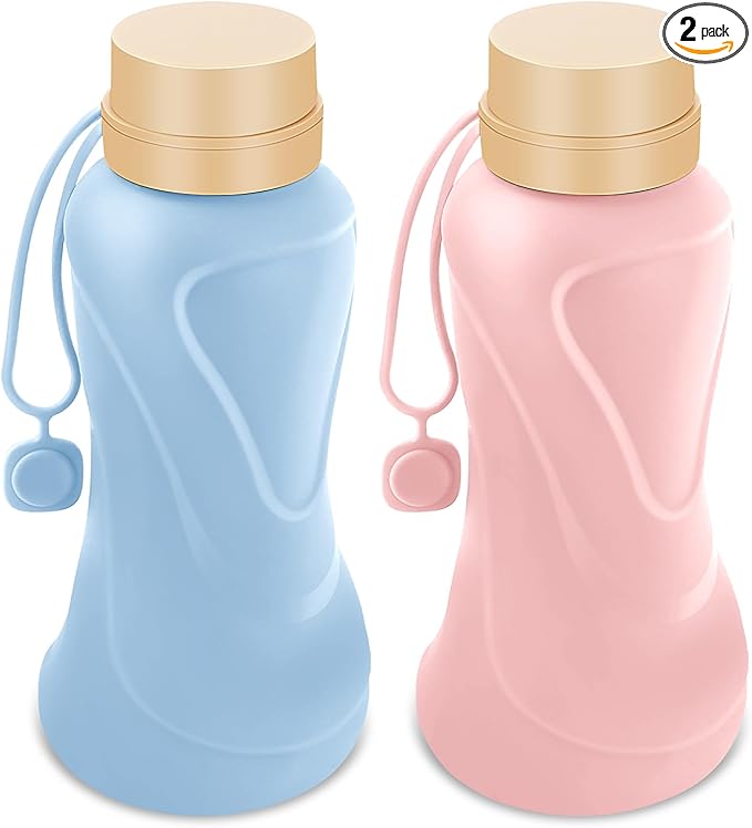 Collapsible Water Bottles 2 Pack,Leak Proof,Reuseable BPA Free Silicone Foldable Water Bottles,Durable Lightweight for Travel Gym Camping Hiking,Compact Size Portable Sports Water Bottle (Pink&Blue)