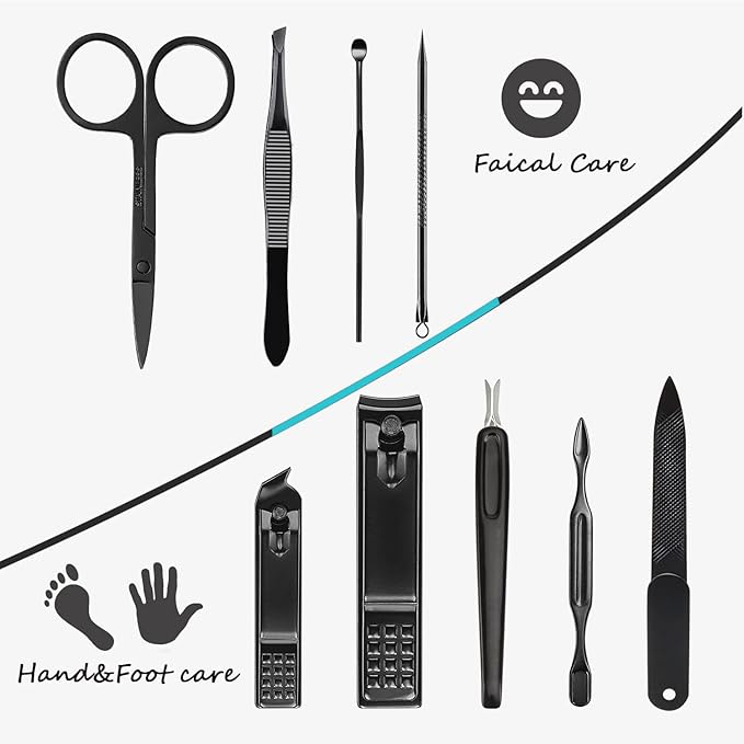 Manicure Set 9 in 1 Stainless Steel, Nail Clippers Scissors Pedicure Tools Kit - Portable Travel Grooming Kit for Men and Women with Leather Case (Blue-BIG Nail Clipper)